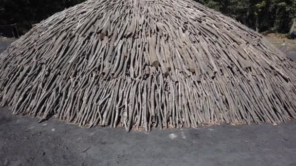 Pieu de charbon de bois pour la production traditionnelle de charbon de bois à partir de bois dur de chêne, hêtre — Video