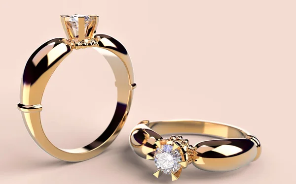 带钻石 渲染的黄金戒指 — 图库照片