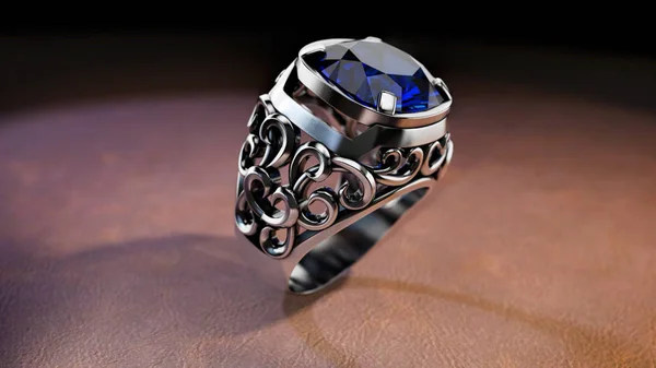 Prsten s velkým modrým kamenem a vzory — Stock fotografie