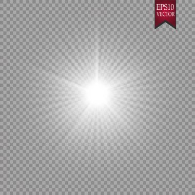 Parlak ışık efekti. Şeffaf arkaplanda parıldayan yıldız patlaması. Vektör çizimi. Güneş