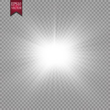 Parlak ışık efekti. Şeffaf arkaplanda parıldayan yıldız patlaması. Vektör çizimi. Güneş