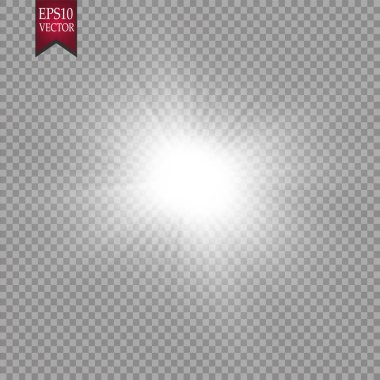 Parlak ışık efekti. Şeffaf arkaplanda parıldayan yıldız patlaması. Vektör çizimi. Güneş
