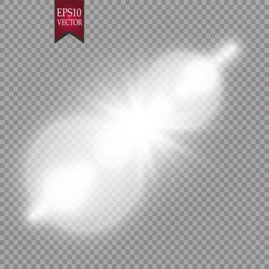 Vektör şeffaf güneş ışığı özel lens ışık efekti. Güneş ışığı ve spot ışıklarıyla parlıyor