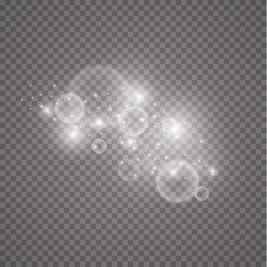 Şeffaf arkaplanda ışıklar. Sihirli kavram. Vektör beyaz parıltı dalgası soyut illüstrasyon. Beyaz yıldız tozu izleri izole edilmiş parlayan parçacıklar