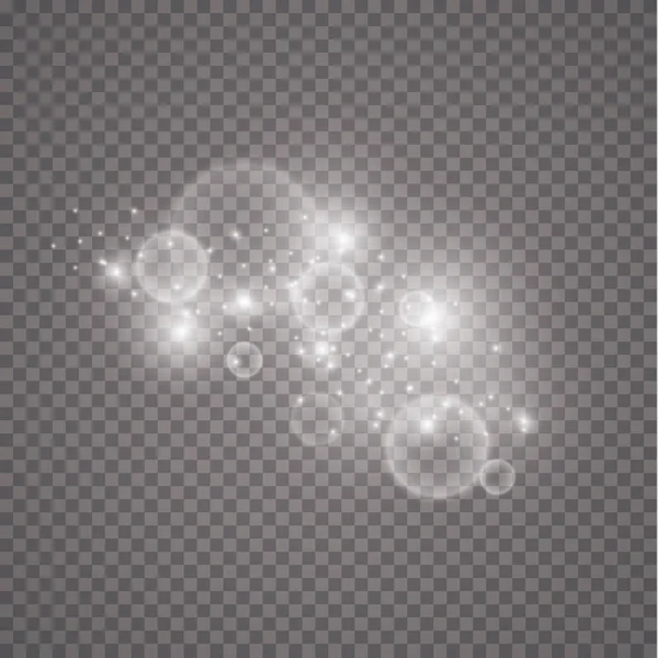 Şeffaf arkaplanda ışıklar. Sihirli kavram. Vektör beyaz parıltı dalgası soyut illüstrasyon. Beyaz yıldız tozu izleri izole edilmiş parlayan parçacıklar
