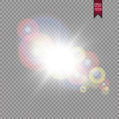 Parlak ışık etkisi ile çok renkli parlak nokta. Saydam bir arka plan üzerinde objektiften yanardöner işaret fişeği