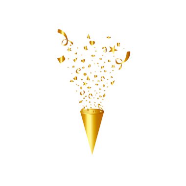Parti popper izole. Altın konfeti. Vektör çizim. İyi ki doğdun kavramı