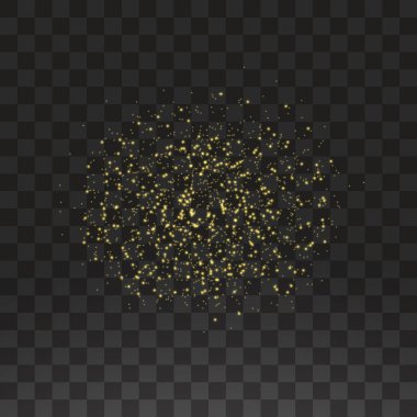Toz sarıdır. Sarı kıvılcımlar ve altın yıldızlar özel ışıkla parlıyorlar. Şeffaf bir arkaplanda vektör parıldıyor. Noel ışığı etkisi. Parlak sihirli toz parçacıkları.