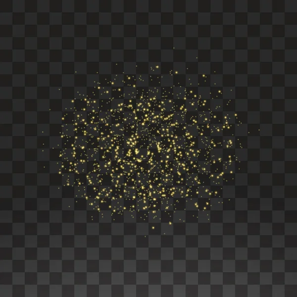 Toz sarıdır. Sarı kıvılcımlar ve altın yıldızlar özel ışıkla parlıyorlar. Şeffaf bir arkaplanda vektör parıldıyor. Noel ışığı etkisi. Parlak sihirli toz parçacıkları.