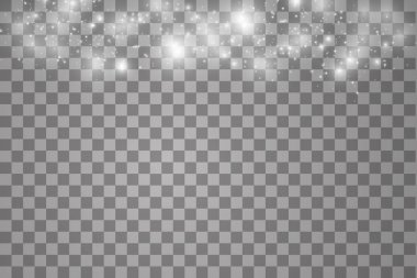 Şeffaf arkaplanda ışıklar. Sihirli kavram. Vektör beyaz parıltı dalgası soyut illüstrasyon. Beyaz yıldız tozu izleri izole edilmiş parlayan parçacıklar.