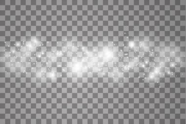 Şeffaf arkaplanda ışıklar. Sihirli kavram. Vektör beyaz parıltı dalgası soyut illüstrasyon. Beyaz yıldız tozu izleri izole edilmiş parlayan parçacıklar.
