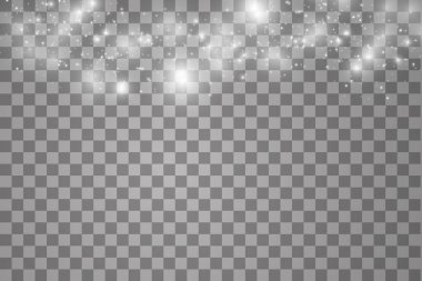 Şeffaf arkaplanda ışıklar. Sihirli kavram. Vektör beyaz parıltı dalgası soyut illüstrasyon. Beyaz yıldız tozu izleri izole edilmiş parlayan parçacıklar.