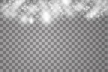 Şeffaf arkaplanda ışıklar. Sihirli kavram. Vektör beyaz parıltı dalgası soyut illüstrasyon. Beyaz yıldız tozu izleri izole edilmiş parlayan parçacıklar.