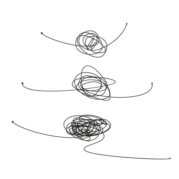 Conjunto de símbolo de manera complicada con elemento redondo garabateado, signo de caos, pase el camino flecha lineal con arcilla o bola enredo en el centro. Ilustración vectorial. Aislado sobre fondo blanco — Vector de stock