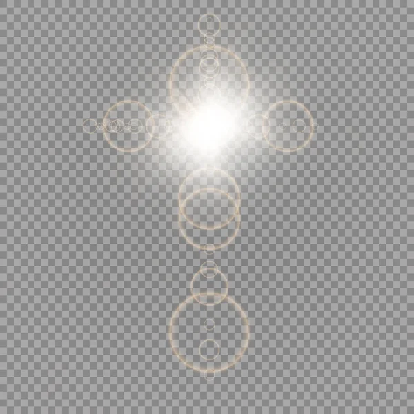 Glödande vit kristet kors med solen flare. Vektorillustration isolerade över transparent bakgrund. Lysande påsk symbol för uppståndelse i himlen — Stock vektor