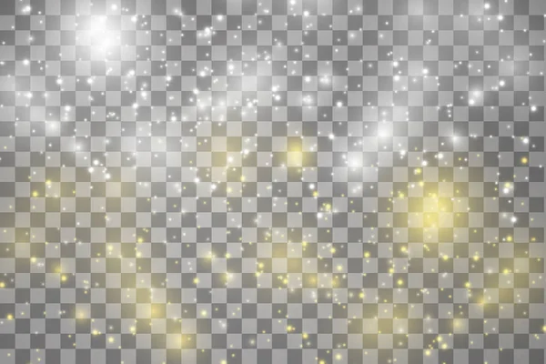 Witte en gouden vonken en sterren glitter speciale lichteffect. Vector schittert op transparante achtergrond. Kerst abstract patroon. Sprankelende magische stofdeeltjes — Stockvector