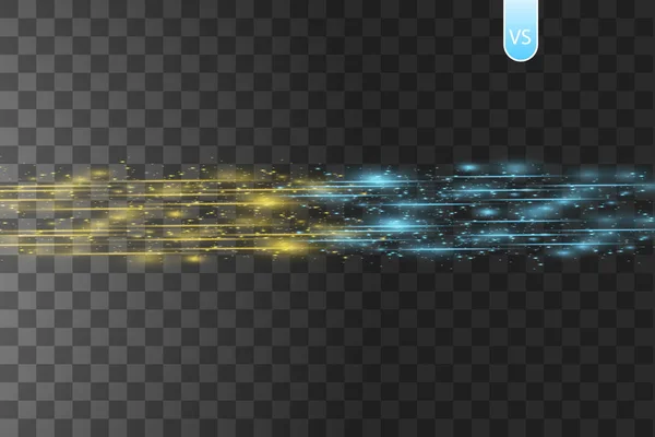 Kollision mellan två krafter med guld och blått ljus på transparent bakgrund. Vektor illustration. Varm och kall gnistrande kraft. Energi blixtar med elektrisk urladdning — Stock vektor