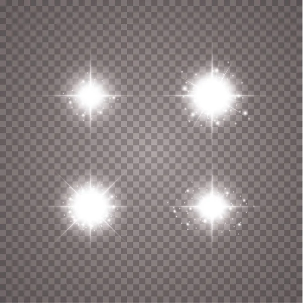 Concepto creativo Conjunto vectorial de estrellas con efecto de luz brillante estalla con destellos aislados sobre fondo transparente — Archivo Imágenes Vectoriales