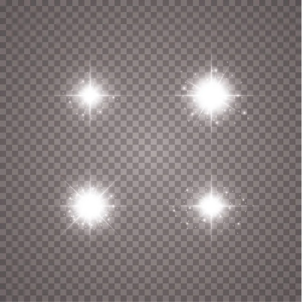 Concepto creativo Conjunto vectorial de estrellas con efecto de luz brillante estalla con destellos aislados sobre fondo transparente — Archivo Imágenes Vectoriales