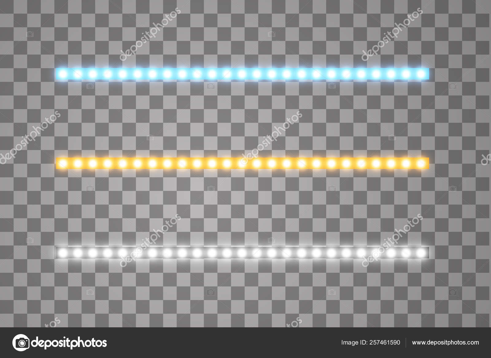 Brilhando listras vetoriais led, iluminação de néon no fundo transparente,  conjunto de fitas decorativas brilhantes amarelas, brancas e azuis de  lâmpadas ecológicas de diodo efeito de luz para banners, sites da web, image size:1600x1167