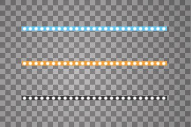 Parlayan led vektör şeritler, şeffaf arka plan üzerinde neon aydınlatma, sarı set, beyaz, diyot ekolojik lambalar ışık efekti mavi parlayan dekoratif bantlar afişler, web siteleri