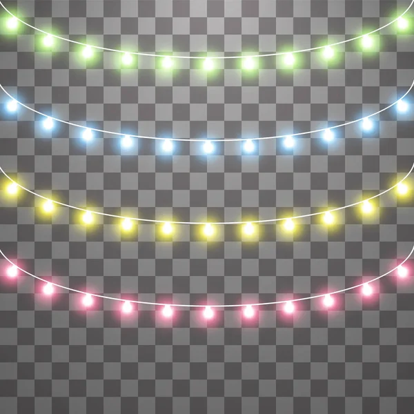 Girlanden, Weihnachtsdekoration Lichteffekte. isolierte Vektor-Designelemente. leuchtende Lichter für das Weihnachtsgrußkartendesign. farbiges LED-Licht und leuchtendes Neon — Stockvektor