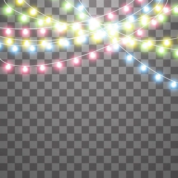Girlanden, Weihnachtsdekoration Lichteffekte. isolierte Vektor-Designelemente. leuchtende Lichter für das Weihnachtsgrußkartendesign. farbiges LED-Licht und leuchtendes Neon — Stockvektor