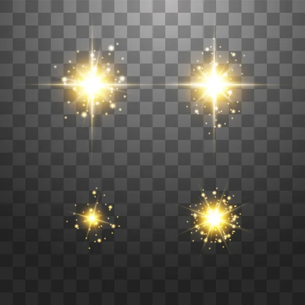 El polvo es amarillo. chispas amarillas y estrellas doradas brillan con luz especial. El vector brilla sobre un fondo transparente. Efecto de luz de Navidad. Partículas de polvo mágico chispeantes — Vector de stock