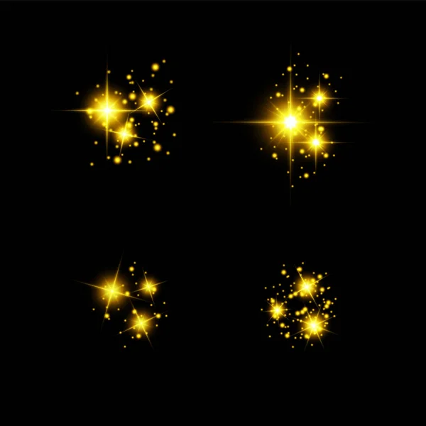 O pó é amarelo. faíscas amarelas e estrelas douradas brilham com luz especial. O vetor brilha sobre um fundo transparente. Efeito de luz de Natal. Partículas de poeira mágicas espumantes — Vetor de Stock