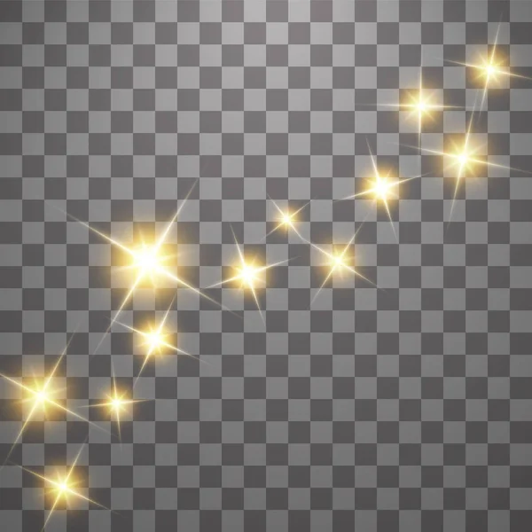 El polvo es amarillo. chispas amarillas y estrellas doradas brillan con luz especial. El vector brilla sobre un fondo transparente. Efecto de luz de Navidad. Partículas de polvo mágico chispeantes — Vector de stock