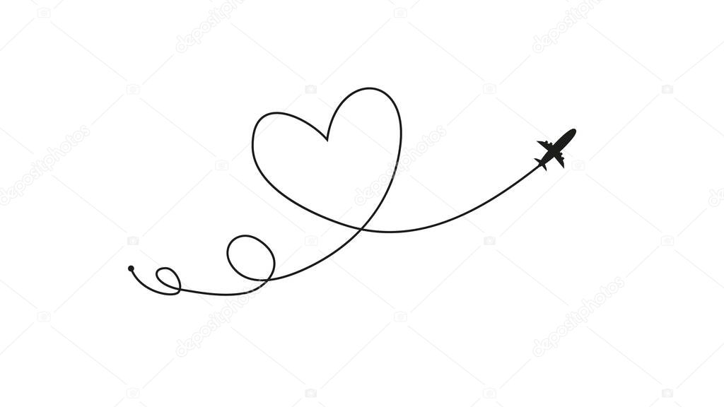 Plane and its track in the shape of a heart on white background. Vector illustration. Aircraft flight path and its route