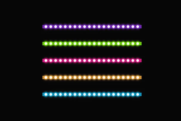 Various LED stripes on a black background, glowing LED garlands. Set of pink, yellow, purple, blue, green glowing decorative tapes of diode ecological lamps light effect for banners, web-sites.