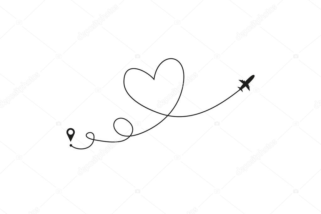 Plane and its track in the shape of a heart on white background. Vector illustration. Aircraft flight path and its route