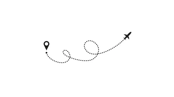 Turismo e concetto di viaggio. Percorso della linea aerea su sfondo bianco. Icona vettoriale della rotta dell'aereo aereo con traccia della linea tratteggiata, punto di partenza e punto di trasferimento. Illustrazione vettoriale — Vettoriale Stock
