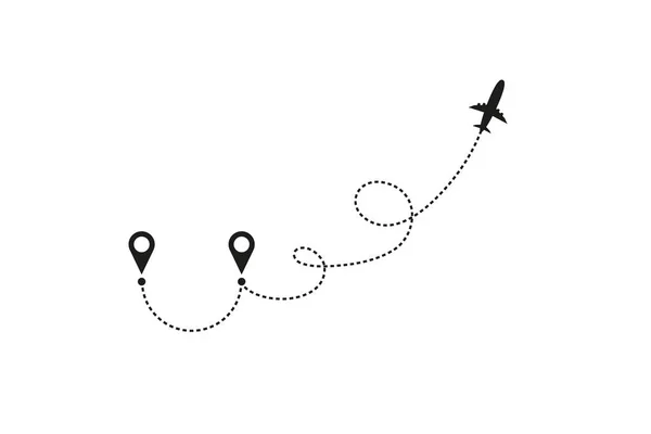 Turismo e conceito de viagem. Caminho de linha de avião no fundo branco. Ícone de vetor da rota de voo do avião com traço de traço, ponto de partida e ponto de transferência. Ilustração vetorial — Vetor de Stock