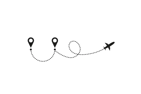 Turismo e conceito de viagem. Caminho de linha de avião no fundo branco. Ícone de vetor da rota de voo do avião com traço de traço, ponto de partida e ponto de transferência. Ilustração vetorial —  Vetores de Stock