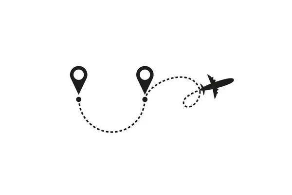 Tourisme et concept de voyage. Trajectoire de l'avion sur fond blanc. Icône vectorielle de l'itinéraire de vol de l'avion avec trace de ligne de tiret, point de départ et point de transfert. Illustration vectorielle — Image vectorielle