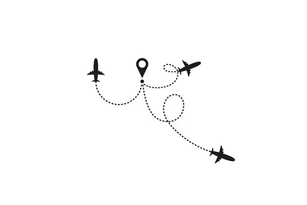 Tourism and travel concept. Airplane line path on white background. Vector icon of air plane flight route with dash line trace, start point and transfer point. Vector illustration — Stock Vector