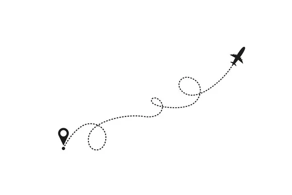 Turismo e concetto di viaggio. Percorso della linea aerea su sfondo bianco. Icona vettoriale della rotta dell'aereo aereo con traccia della linea tratteggiata, punto di partenza e punto di trasferimento. Illustrazione vettoriale — Vettoriale Stock