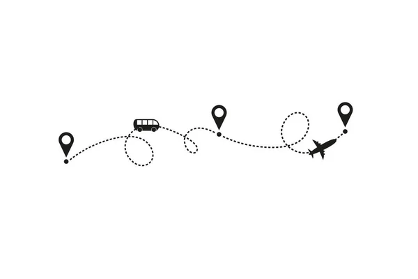 Concetto di viaggiare in autobus e aereo. Illustrazione vettoriale. Itinerario di viaggio o pista con segnaposto — Vettoriale Stock