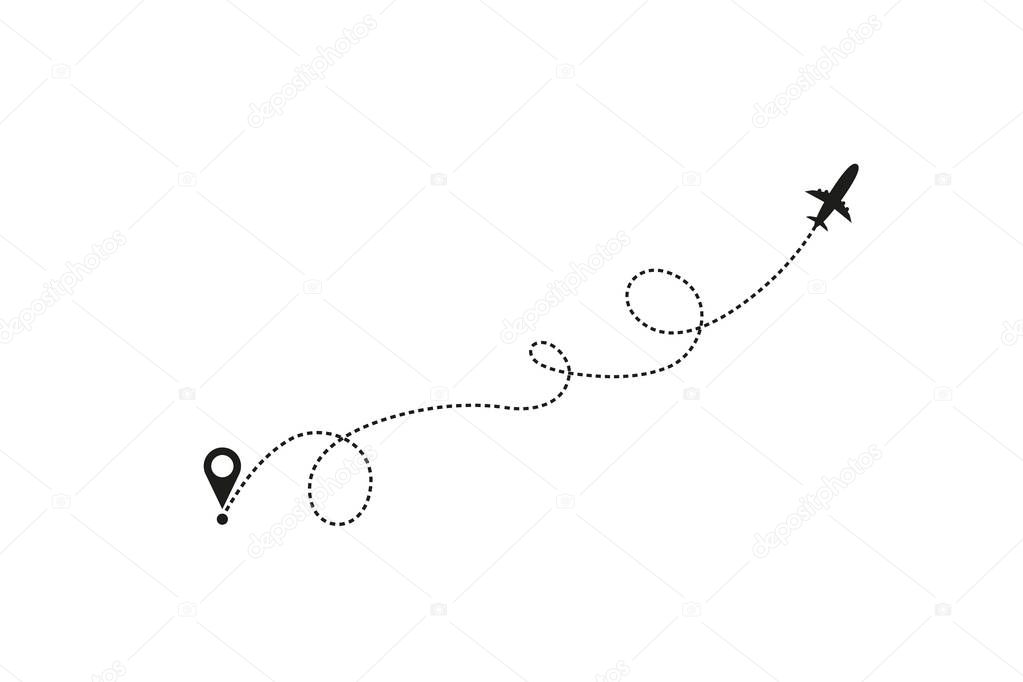 Tourism and travel concept. Airplane line path on white background. Vector icon of air plane flight route with dash line trace, start point and transfer point. Vector illustration