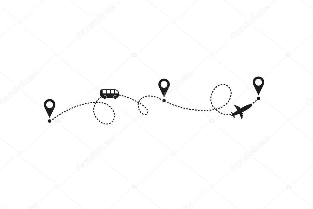 Concept of traveling by bus and plane. Vector illustration. Traveling route or track with location markers