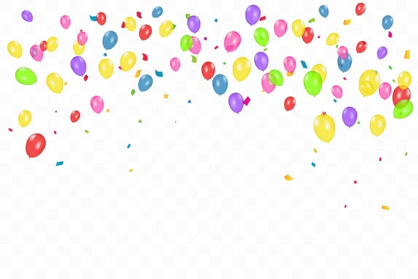 Fondo colorido feliz cumpleaños con globos y confeti. Fiesta del evento de celebración. Multicolor. Vector — Archivo Imágenes Vectoriales