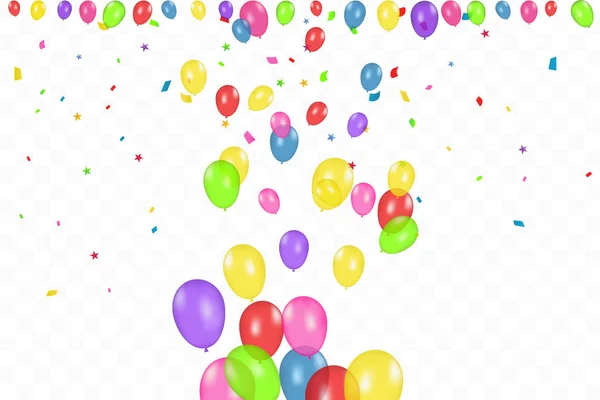 Colorful Happy Birthday Background With Balloons And Confetti. Celebration Event Party. Multicolored. Vector