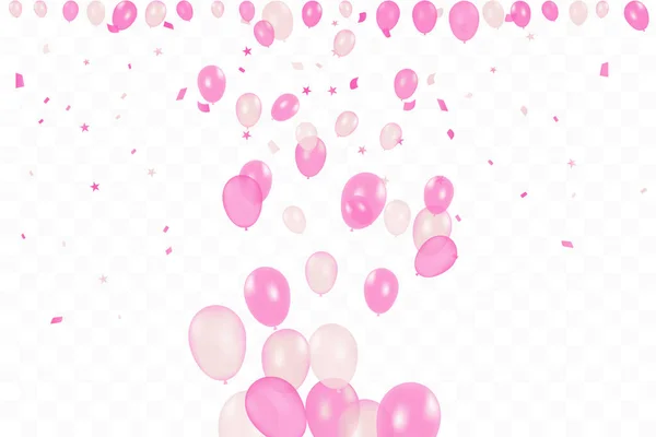 Cumpleaños de chicas. Feliz cumpleaños con globos rosados y confeti. Fiesta del evento de celebración. Multicolor. Vector — Archivo Imágenes Vectoriales