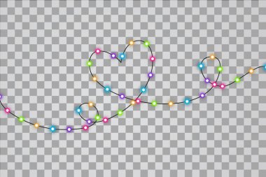 Kalp tek satır ile Noel ışıkları. Kalp tek satır ile renkli Xmas çelenk. Vektör kırmızı, sarı, mavi ve yeşil ve mor parlak ampuller şeffaf arka plan üzerinde.