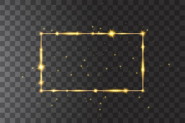 Marco dorado vectorial con efectos de luces. Banner rectángulo brillante. Aislado sobre fondo negro transparente. Ilustración vectorial — Vector de stock