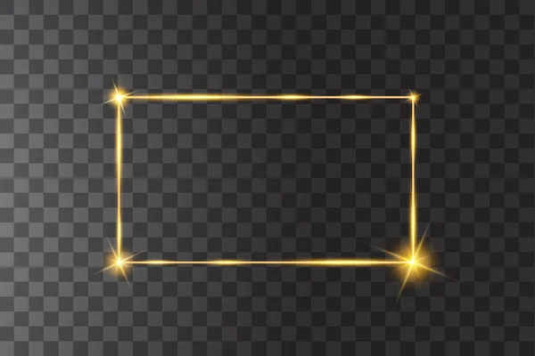 Vector golden frame with lights effects. Shining rectangle banner. Isolated on black transparent background. Vector illustration — Stock Vector