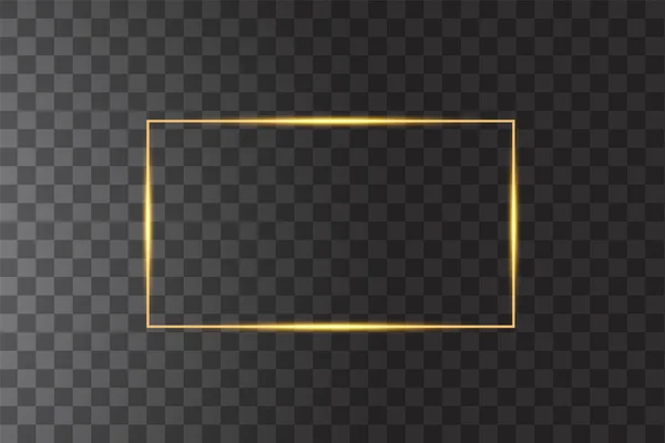 Vector gouden frame met verlichting effecten. Glanzende rechthoek banner. Geïsoleerd op een zwarte transparante achtergrond. Vector illustratie — Stockvector