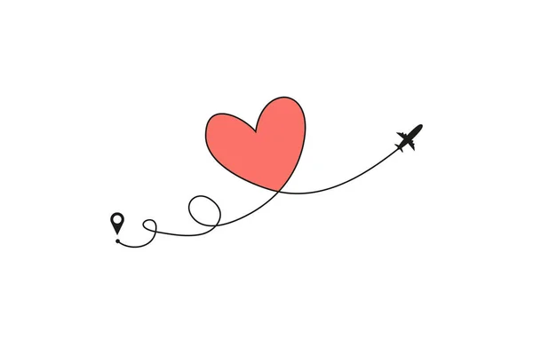 Plano y su pista en forma de corazón sobre fondo blanco. Ilustración vectorial. Ruta de vuelo de la aeronave y su ruta — Archivo Imágenes Vectoriales